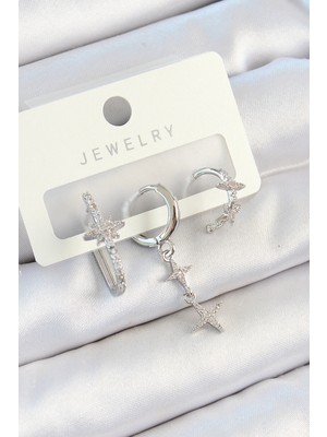 Shopwave Pirinç Zirkon Taşlı Kelebek ve Sallantılı Yıldız Model Gümüş Renk 3'lü Çift Kad