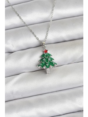 Shopwave 316L Çelik Zincir Gümüş Renk Çam Ağacı Model Yılbaşı Temalı Kadın Kolye