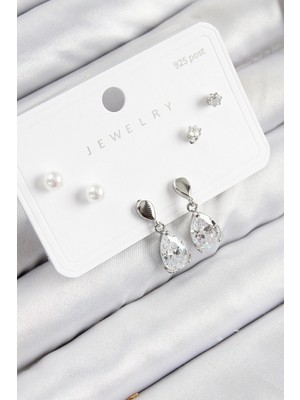 Shopwave Pirinç Zirkon Taşlı Sallantılı Damla Model Gümüş Renk 925 Ayar Gümüş Çivi Kadı