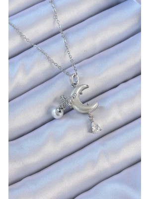 Shopwave 316L Çelik Zincir Gümüş Renk Zirkon Taşlı Kelebekli Mineli Ay Kolye