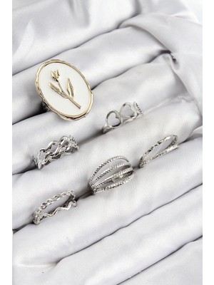 Shopwave Pirinç Zirkon Taşlı Lale Model Gümüş Renk Kadın Yüzük Kombin Set