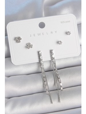 Shopwave Pirinç Gümüş Renk Su Yolu Zirkon Taşlı Sallantı Model Çiçek Detay 925 Ayar Gümü�