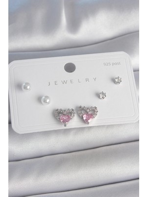 Shopwave Pirinç Gümüş Renk Pembe Zirkon Taşlı Kalp Model Inci Detay 925 Ayar Gümüş Çivi K