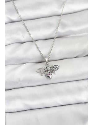 Shopwave 316L Çelik Zincir Gümüş Renk Sinek Model Zirkon Taşlı Kadın Kolye