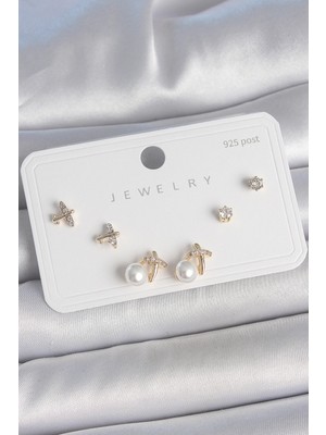 Shopwave Pirinç Gold Renk Zirkon Taşlı Kelebek Model Inci Detay 925 Ayar Gümüş Çivi Kadın K