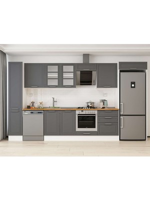 Alvinka 390X222 cm Klasik Mebran Mutfak Dolabı MBB-E90B40S60-3 Antrasit - Mdf