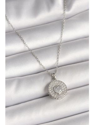 Shopwave 316L Çelik Gümüş Renk Zincir Zirkon Taşlı Kalp Işlemeli Madalyon Model Kadın Kolye