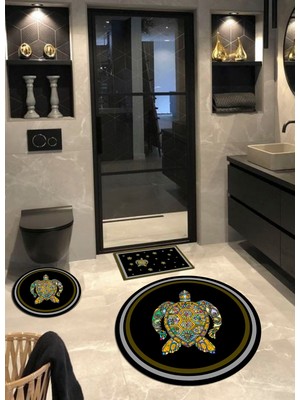 Ardizayn Kaplumbağa, Kaymaz Pamuk Taban Yuvarlak Banyo Halısı 100 x 100 cm + 60 x 60 cm + 40 x 60 cm cm 3'lü