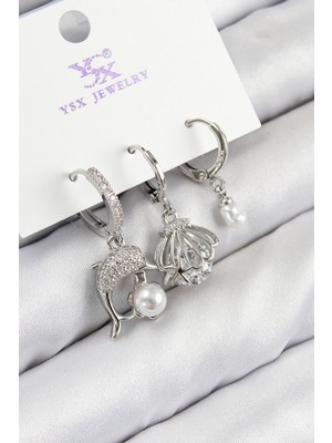 Shopwave Pirinç Zirkon Taşlı 3'lü Yunus Balığı ve Istiridye Model Gümüş Renk Kadın Küpe