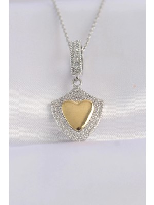 Shopwave 316L Çelik Zincir Gümüş Renk Zirkon Taşlı Tasarım Altın Renk Kalp Kolye