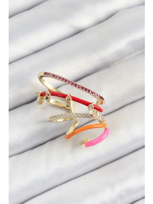 Shopwave Pirinç Zirkon Taşlı Kırmızı Turuncu Pembe Sıkıştırma Sağ Kıkırdak Gold Renk Ka