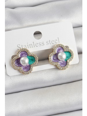 Shopwave Pirinç Mor Mineli Inci Detaylı Zirkon Taşlı Sanatsal Portre Yonca Model Gold Renk Kad�