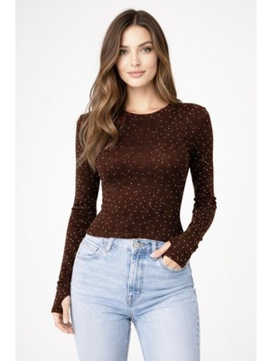 Banega Kadın Taş Işlemeli Parmak Detaylı Esnek Modal Kumaş Kahverengi Bluz