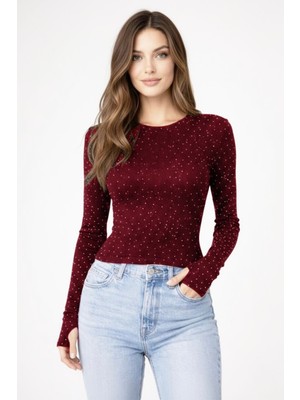 Banega Kadın Taş Işlemeli Parmak Detaylı Esnek Modal Kumaş Bordo Bluz