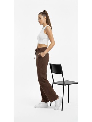 Banega Kadın Taş Işlemeli Yüksek Bel Beli Lastikli Bol Paça Cepli Kahverengi Eşofman Altı