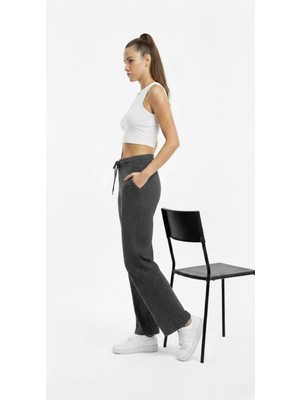 Banega Kadın Taş Işlemeli Yüksek Bel Beli Lastikli Bol Paça Cepli Antrasit Eşofman Altı