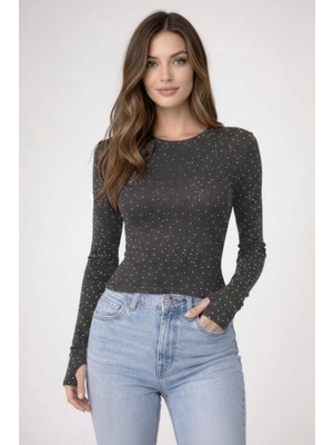 Banega Kadın Taş Işlemeli Parmak Detaylı Esnek Modal Kumaş Lacivert Bluz