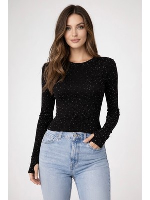 Banega Kadın Taş Işlemeli Parmak Detaylı Esnek Modal Kumaş Siyah Bluz