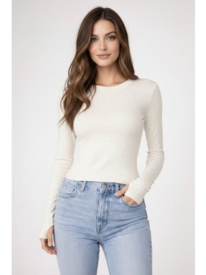 Banega Kadın Taş Işlemeli Parmak Detaylı Esnek Modal Kumaş Beyaz Bluz