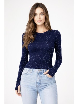 Banega Kadın Taş Işlemeli Parmak Detaylı Esnek Modal Kumaş Lacivert Bluz