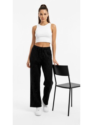 Banega Kadın Taş Işlemeli Yüksek Bel Beli Lastikli Bol Paça Cepli Siyah Eşofman Altı