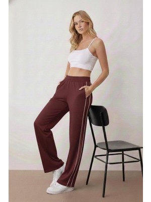 Banega Biye Detaylı Beli Lastikli Cepli Örme Wide Leg/bol Paça Spor Kahverengi Eşofman Altı