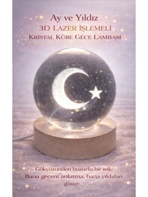 FaroxTech Ay ve Yıldız 3D Lazer Işlemeli Işıklı Kristal Küre - Ahşap Standlı Gece Lambası Usb’li
