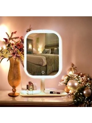 PremiumPort Dokunmatik Şarjlı Ledli Kare Makyaj Aynası, 3 Renk Işıklı, Beyaz