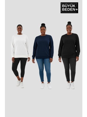 Superlife Kadın Büyük Beden Ikili Bisiklet Yaka 3'lü Set -Rahat Kalıp Ince Sweatshirt SPR26BSW956+3