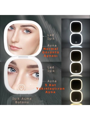 PremiumPort LED Işıklı Beyaz Makyaj Aynası, Yakınlaştırma, Cep ve Çanta Boyutu