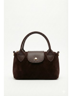 Purpleart Kadın Süet Kahve Mini El ve Omuz Çantası 13X20CM