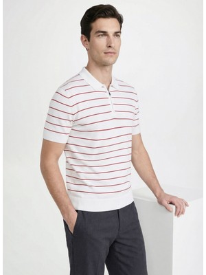 Fabrika Polo Yaka Slim Fit Çizgili Beyaz - Kırmızı Erkek Kazak F6SM-KZK 2407