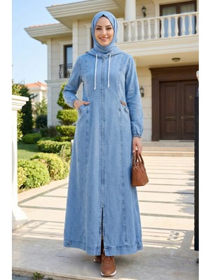 Kadın Kapüşonlu Fermuarlı Cepli Açık Kot Mavi Kap