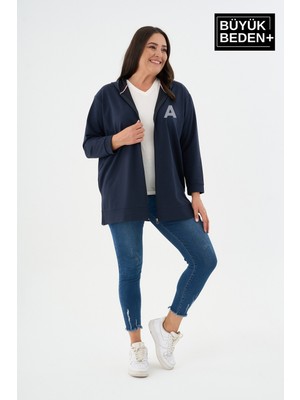 Superlife Kadın Tunik Büyük Beden A Baskılı Fermuarlı Kapşonlu Sweat Hırka SPR26BTK955-3
