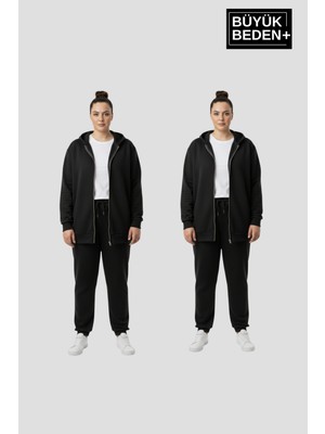 Superlife Kadın Büyük Beden Fermuarlı Kapüşonlu 3'lü Set Ince Sweatshirt Hırka - Rahat Kalıp SPR26BHRK960+2