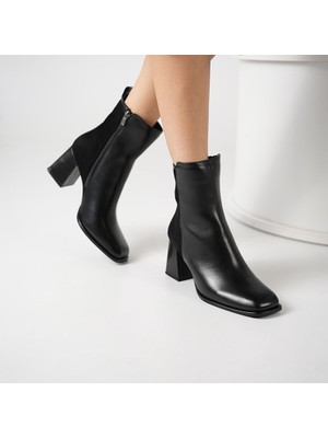 Ametist Berit Siyah Deri & Süet Kadın Bot – 7 cm Kalın Topuk – 21.5 cm Bot Boyu – Tpu Kaymaz Tırtıklı Taban