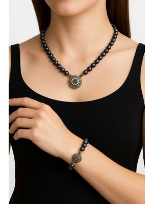 Eski Yeni Antik Siyah Inci Bileklik ve Kolye Takımı