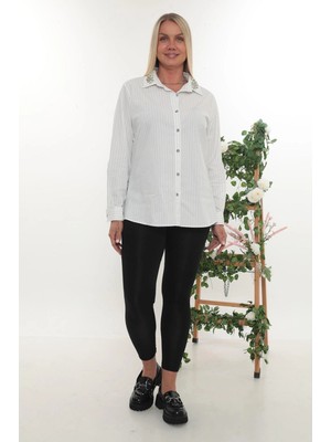 Lady Majestic Yakası Taşlı Büyük Beden Kadın Çizgili Uzun Kollu Gömlek - Rahat Kesim Şık Tasarım