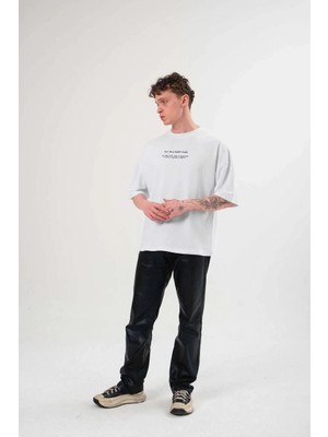 Unisex Bisiklet Yaka Baskılı Oversize T-Shirt - Beyaz