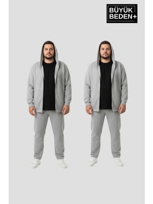 Superlife Erkek Büyük Beden Fermuarlı Kapüşonlu 2'li Set Ince Sweatshirt Hırka - Rahat Kalıp SPR26BHR960+2