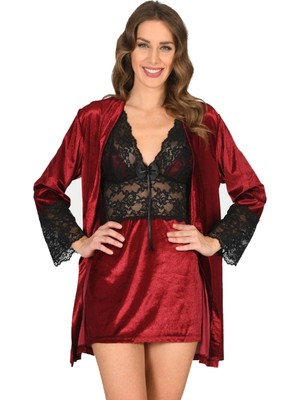 MTM My The Mall Giyim Bordo Kadife Sabahlık & Gecelik Takım 2' Li - 1445