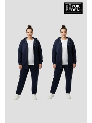 Superlife Kadın Büyük Beden Fermuarlı Kapüşonlu 3'lü Set Ince Sweatshirt Hırka - Rahat Kalıp SPR26BHRK960+2