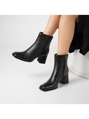 Ametist Aura Siyah Kare Burun Kalın Topuk Gerçek Deri Kadın Bot