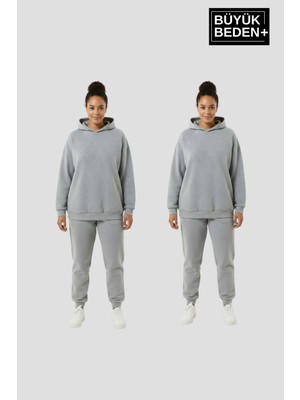 Superlife Kadın Büyük Beden 2' Li Set Kapşonlu Kollar ve Etek Ribanalı Ince Swatshırt SPR26BSWK957+2