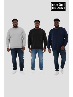 Superlife Erkek Büyük Beden Ikili Bisiklet Yaka 3'lü Set -Rahat Kalıp Ince Sweatshirt SPR26BSW956+3