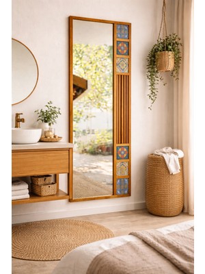 Kids Town Ahşap Çerçeveli Mozaik Taş (Mermer) Ayna Seramik Desenli Konsol Dresuar Banyo Balkon Aynası