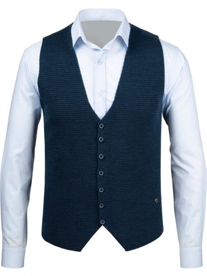 Çizgi Triko Erkek Düğmeli Spor / Klasik Triko Örme Kolsuz Petrol Yelek Regular Kalıp - 4430LS