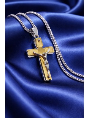 Altın Gümüş Renk Isa Figürlü Haç Erkek Kolye