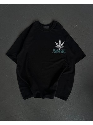 Unisex Bisiklet Yaka Baskılı Oversize T-Shirt - Siyah