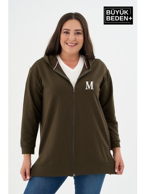 Superlife Kadın Tunik Büyük Beden M Baskılı Fermuarlı Kapşonlu Sweat Hırka SPR26BTK955-4